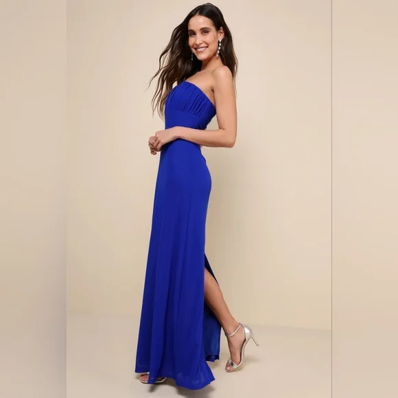 Lulus Momentous Charm Royal Blue Mesh Strapless Maxi Dress Wedding Party Prom - Picture 3 of 9